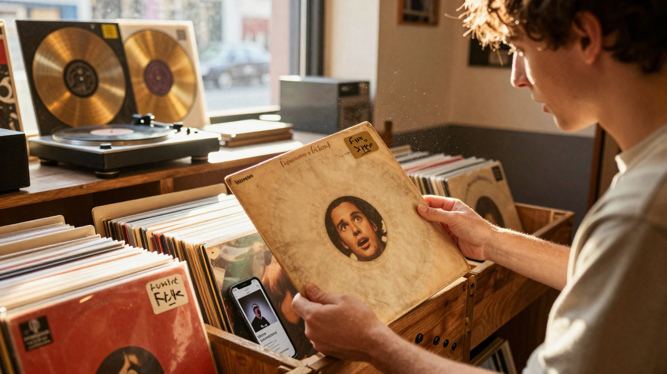 Pessoa a escolher disco de vinil numa loja com gira-discos e vinis em exibição ao fundo.