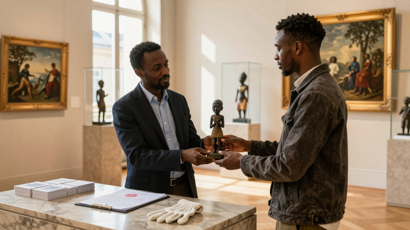 Dois homens trocam uma escultura africana num museu com quadros e outras peças ao fundo.