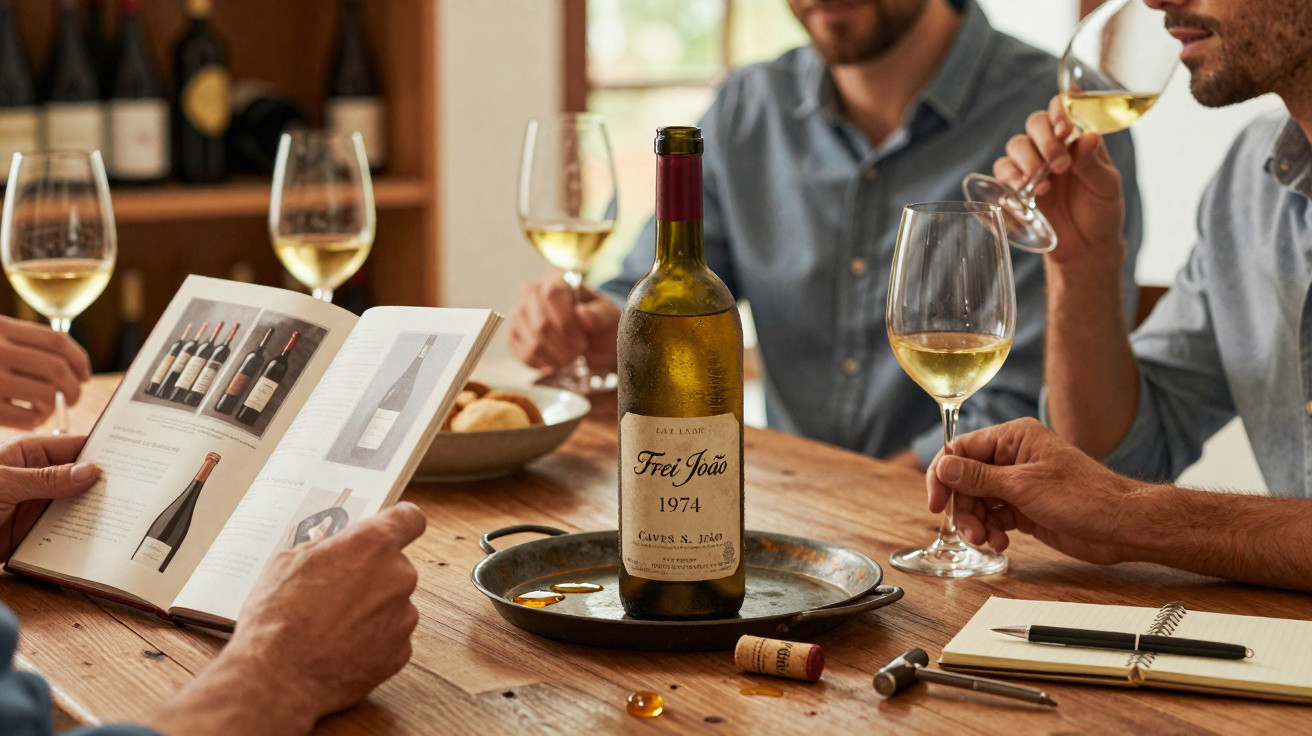 Garrafas e copos de vinho branco numa mesa de madeira com quatro pessoas a degustar vinho e a consultar um catálogo.