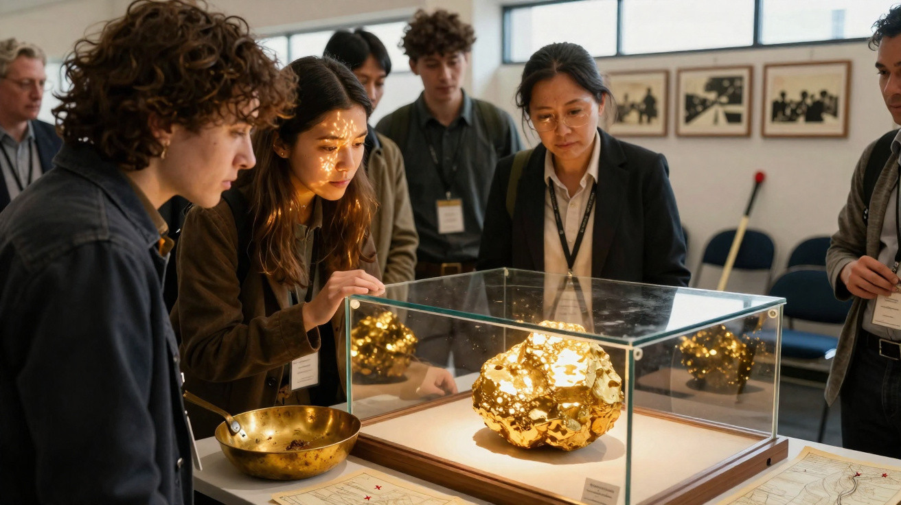 Pessoas observam uma escultura dourada brilhante exposta numa caixa de vidro num museu.