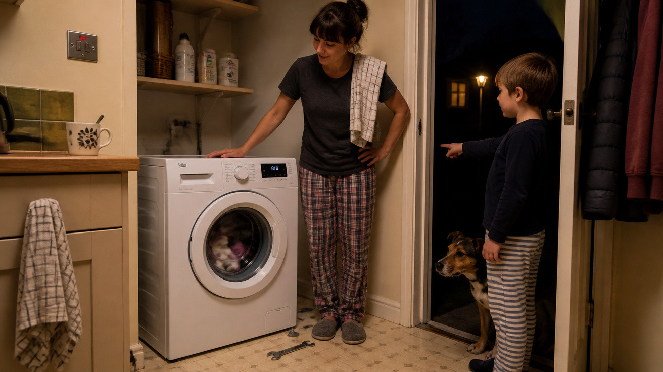 Mulher a fazer a roupa na máquina de lavar enquanto menino e cão esperam na porta de casa de noite.