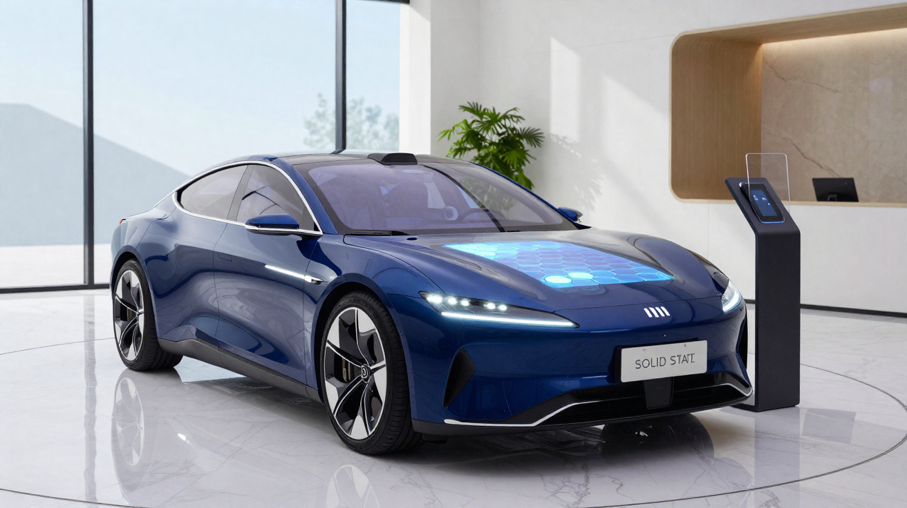 Carro elétrico azul moderno exibido em ambiente interno com chão de mármore e luz natural.