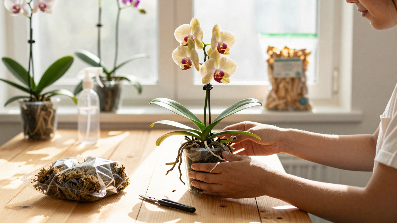 Pessoa a cuidar de orquídea amarela em vaso transparente numa mesa de madeira perto de janela.