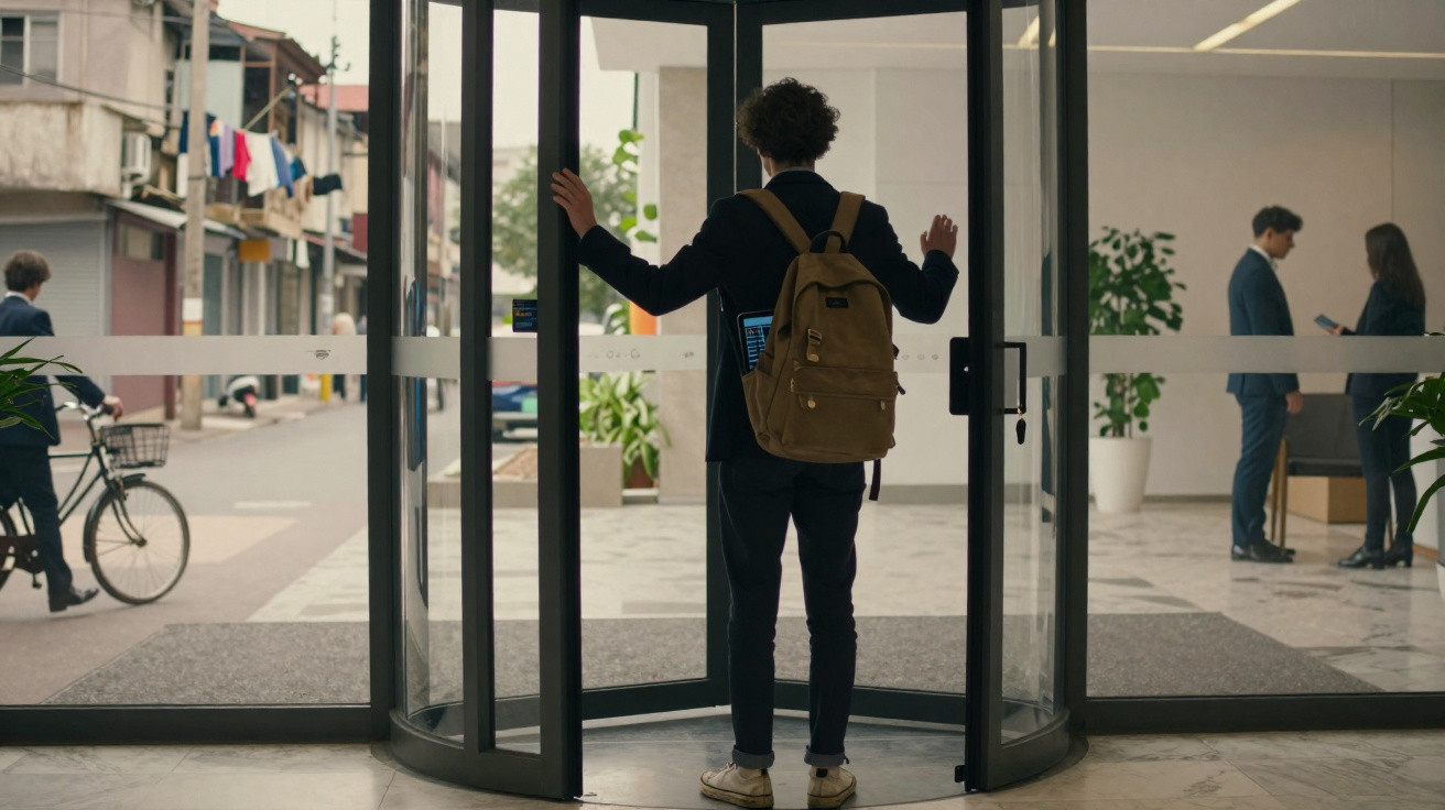 Pessoa com mochila abre porta giratória de vidro para entrar num edifício moderno com outras pessoas no interior.
