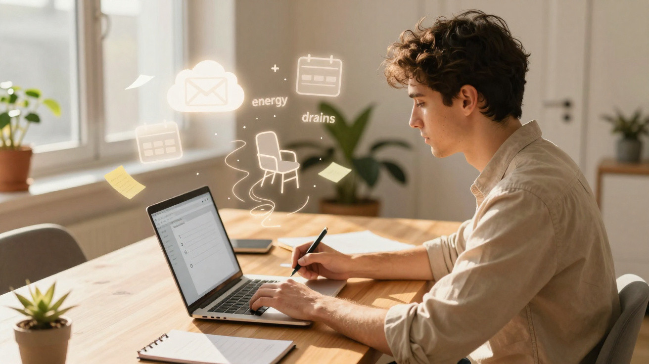 Jovem a trabalhar num portátil numa mesa com plantas, notas e ícones digitais flutuantes de organização.