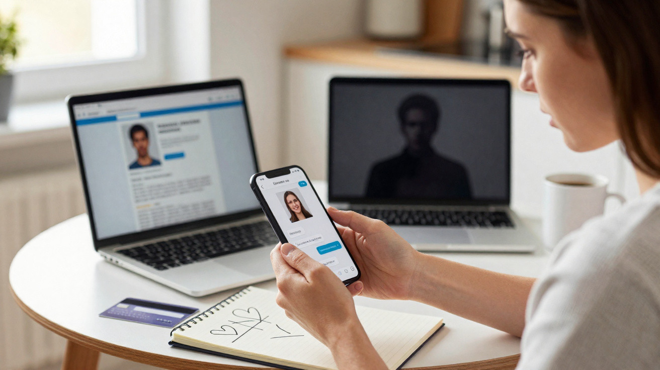 Mulher a usar telemóvel com app de mensagens, sentada à mesa com dois portáteis e bloco de notas.