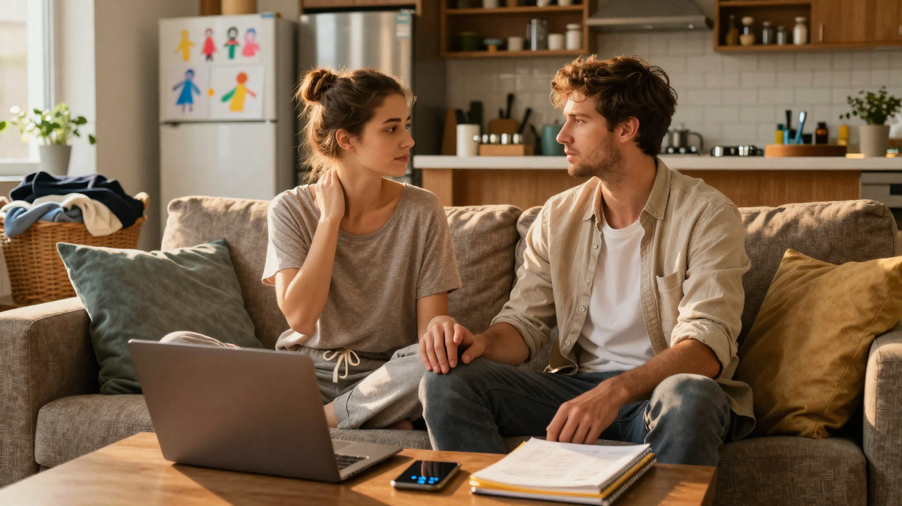 Casal jovem sentado no sofá, conversando e segurando as mãos, com laptop e cadernos na mesa.
