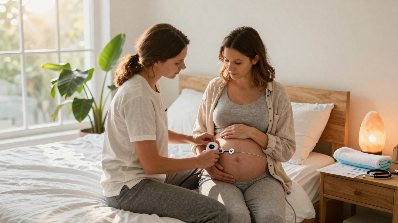 Mulher grávida sentada na cama enquanto outra mulher usa dispositivo para monitorizar o bebé.