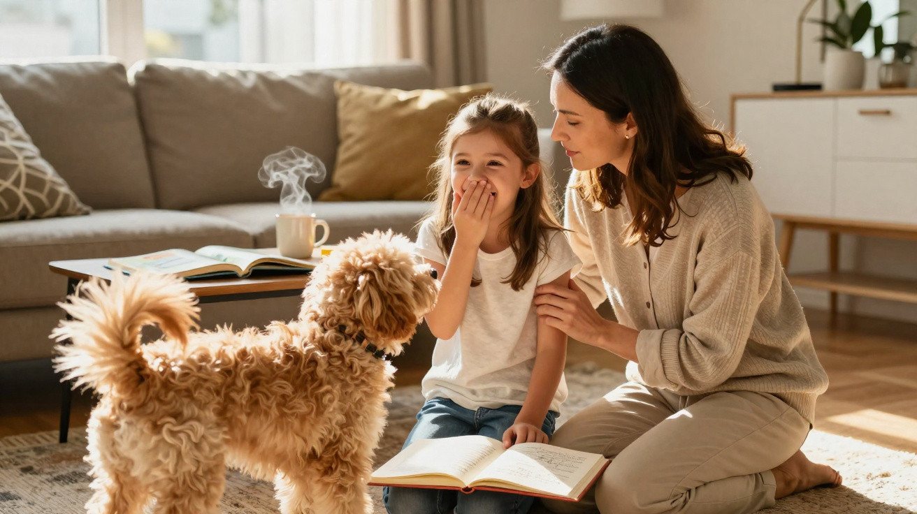Mãe e filha sentadas no chão a ler um livro, sorrindo, com um cão castanho encaracolado à sua frente.