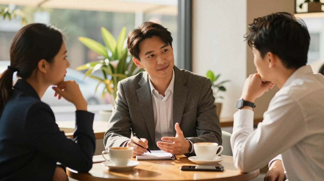 Três jovens adultos conversam animadamente à mesa com café num ambiente de escritório moderno.
