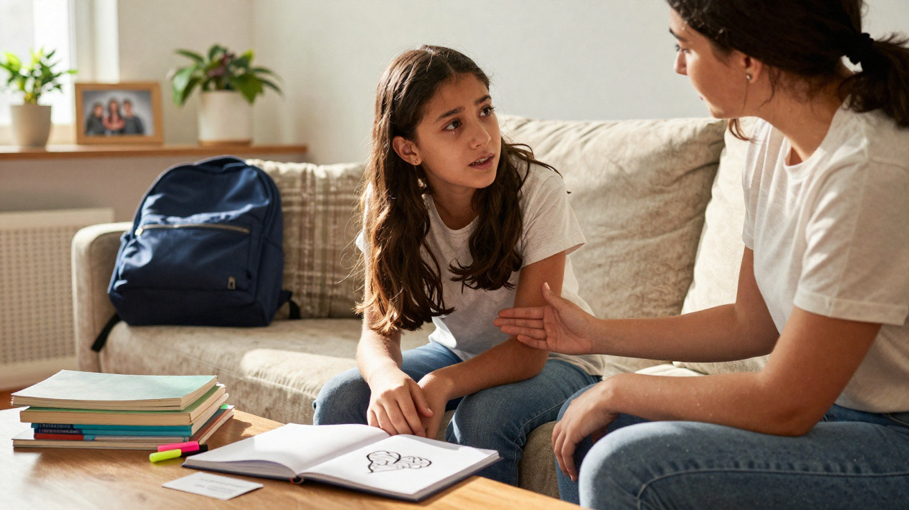 Mãe conversa de forma atenta com filha sentadas no sofá, com caderno e livros numa mesa à frente.