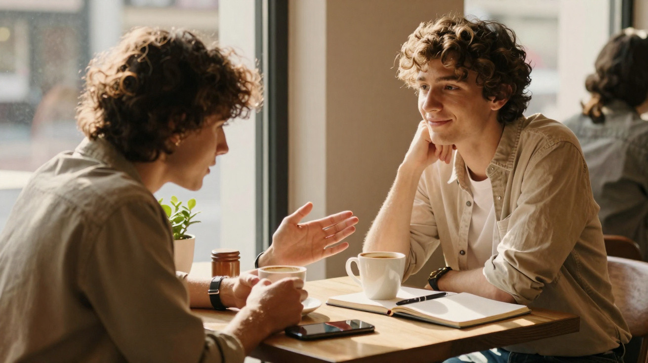 Dois jovens sentados num café, conversando e bebendo café, com cadernos e telemóvel na mesa.