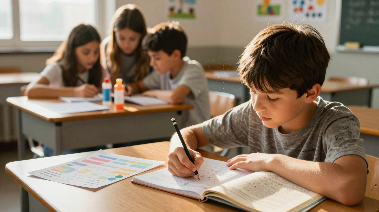 Criança a escrever num caderno numa sala de aula com três alunos ao fundo concentrados em atividades.