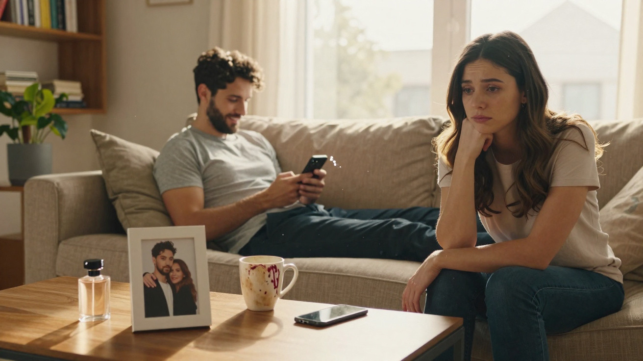 Mulher preocupada sentada no sofá, homem ao fundo distraído no telemóvel, mesa com foto de casal e chávena.