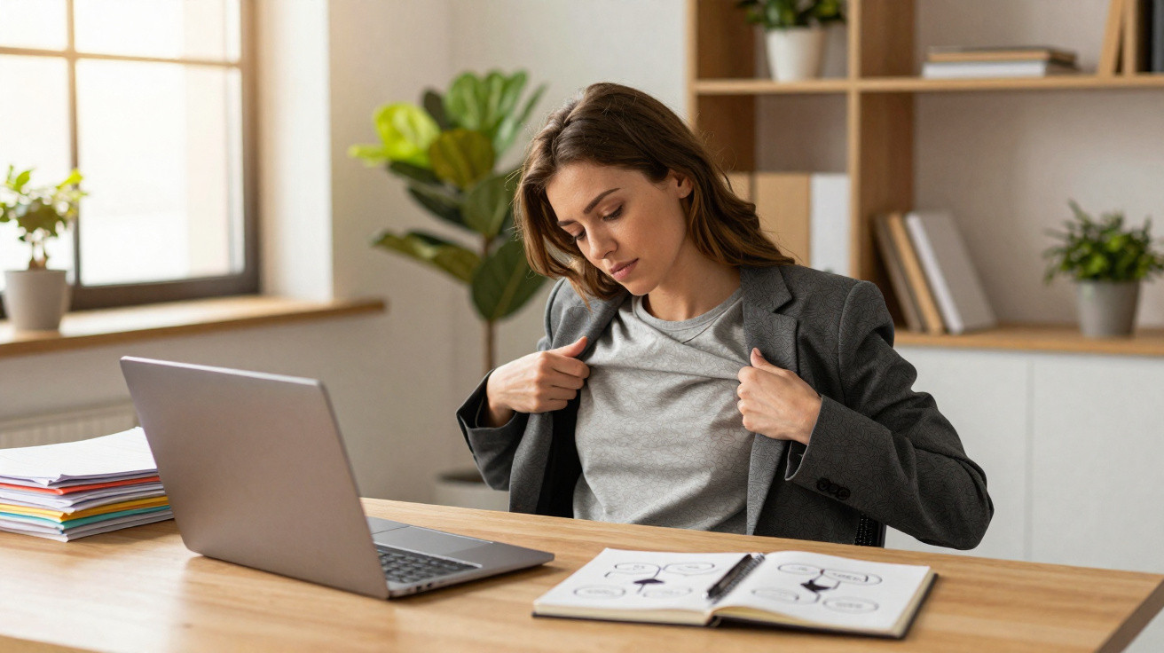 Mulher sentada a puxar a t-shirt, com computador portátil e caderno numa secretária de escritório.