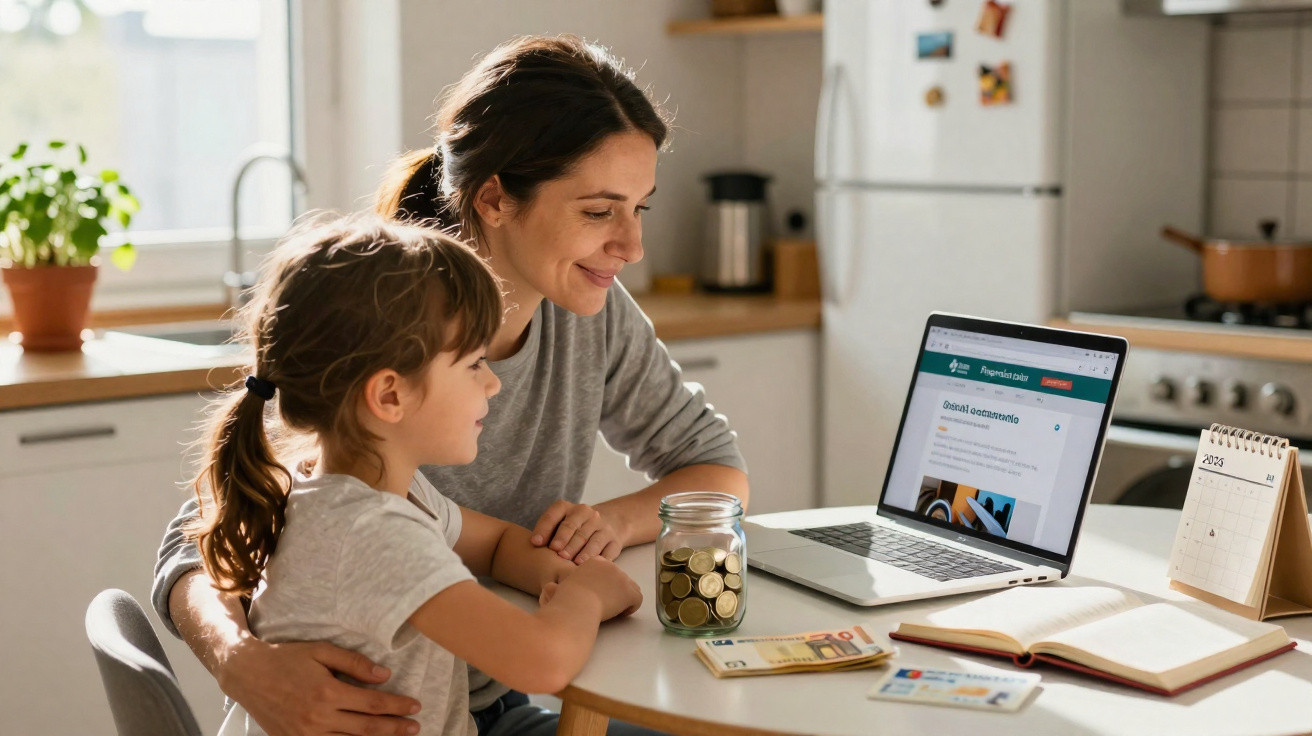 Mãe e filha sentadas à mesa com jarra de moedas, dinheiro e computador portátil numa cozinha iluminada.