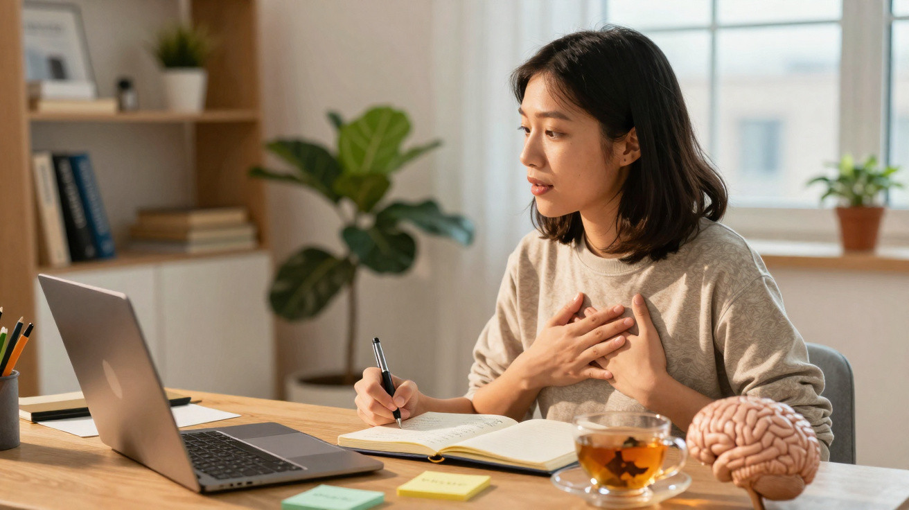 Mulher a estudar em casa com computador, caderno e chá, segurando o peito com expressão preocupada.