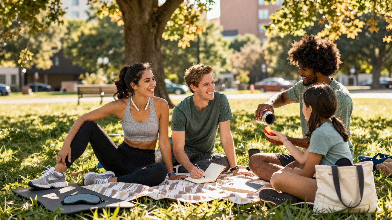 Quatro jovens sentados no parque num piquenique, desfrutando de uma tarde ensolarada.