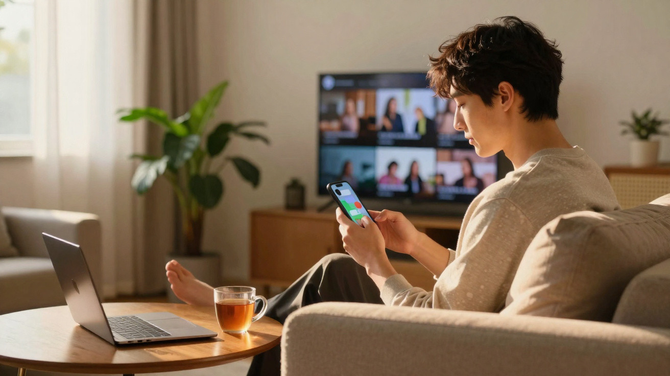 Pessoa sentada no sofá a usar telemóvel, com computador portátil e chá numa mesa à frente.