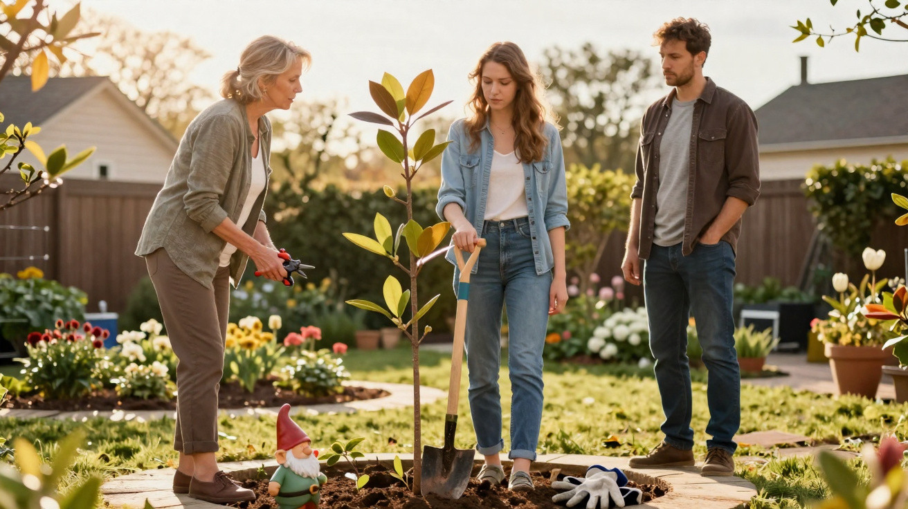 Três pessoas plantam uma árvore jovem num jardim ensolarado com flores e decoração.