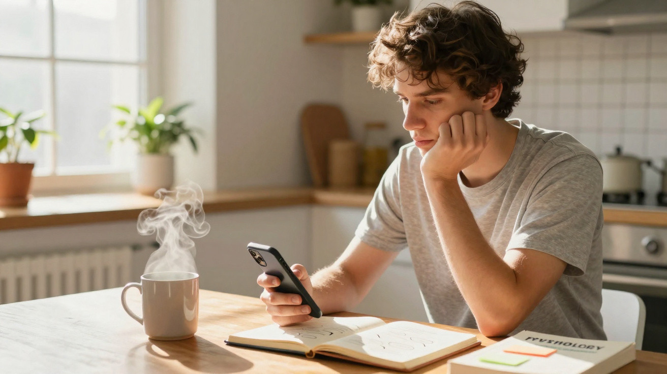 Jovem sentado à mesa a olhar para o telemóvel com um livro aberto e uma chávena de bebida quente a fumegar.