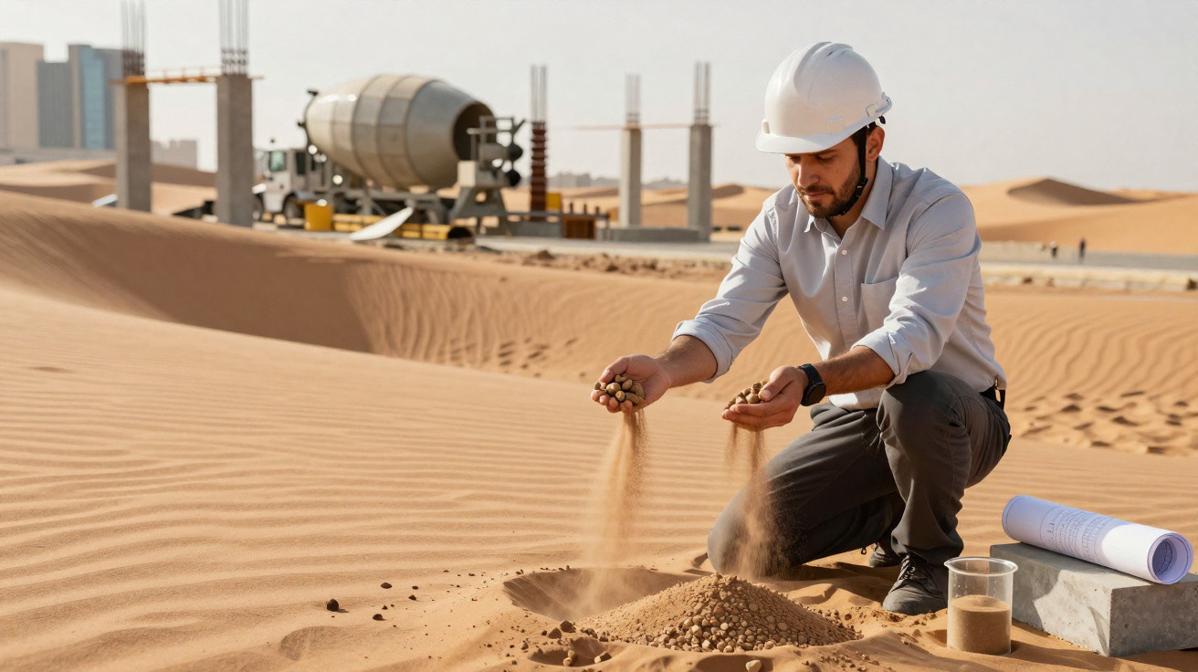 Engenheiro com capacete a analisar areia num local de construção no deserto, com equipamento ao fundo.