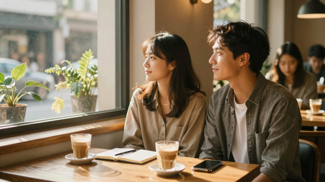 Casal jovem sentado numa cafetaria, olhando pela janela, com cafés e caderno na mesa.