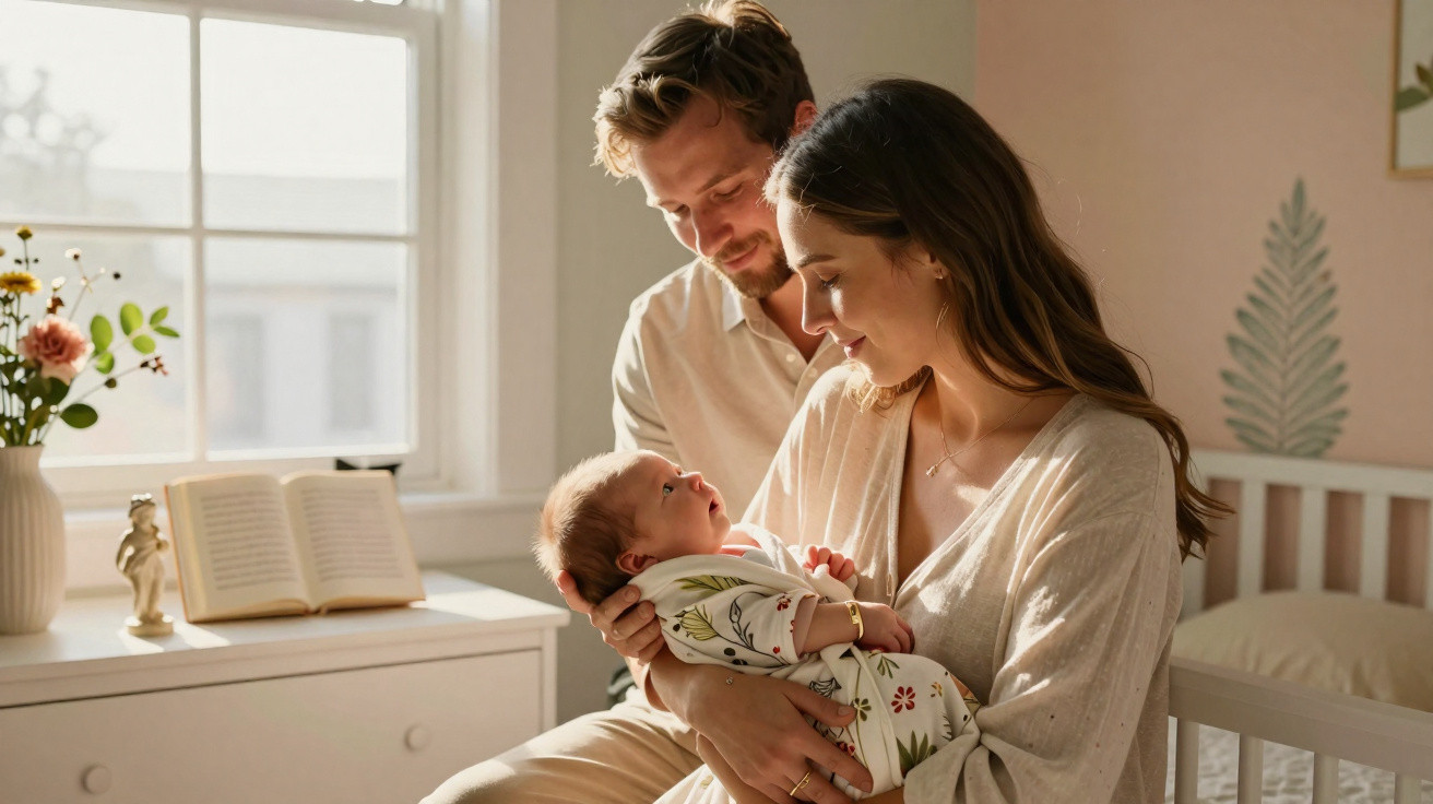 Casal sorridente segurando um bebé ao colo num quarto iluminado e decorado com flores e berço.
