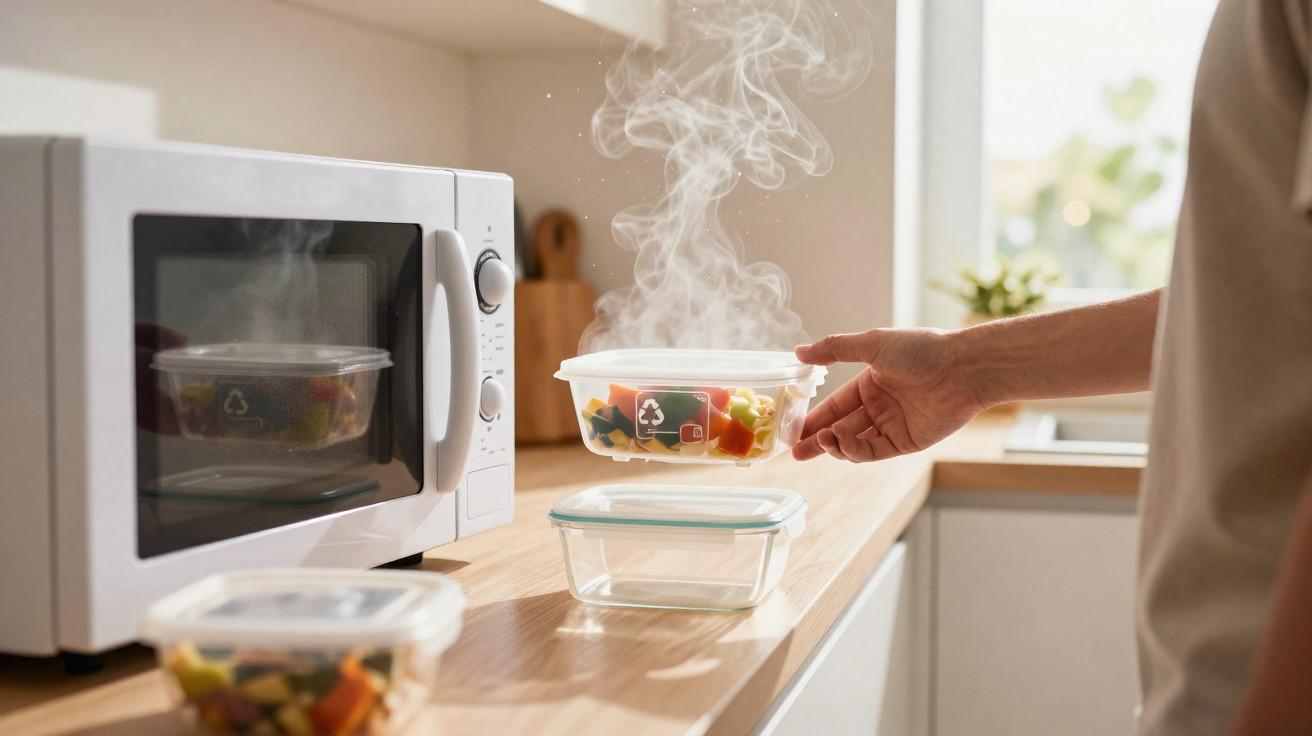 Pessoa a retirar recipiente de plástico com comida quente do micro-ondas numa cozinha luminosa.
