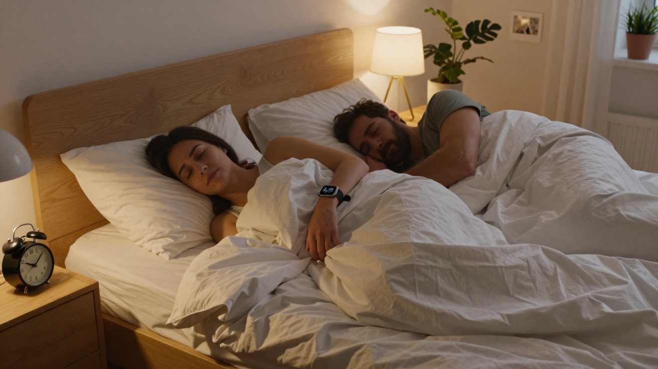 Casal a dormir tranquilamente numa cama com roupa de cama branca num quarto acolhedor à noite.