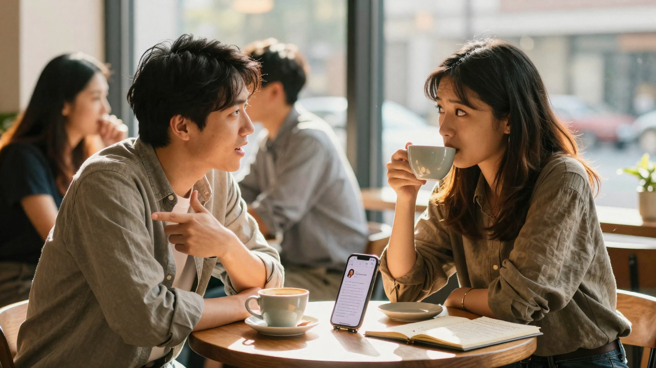 Casal jovem conversa e bebe café numa mesa de café com telemóvel e caderno à frente.
