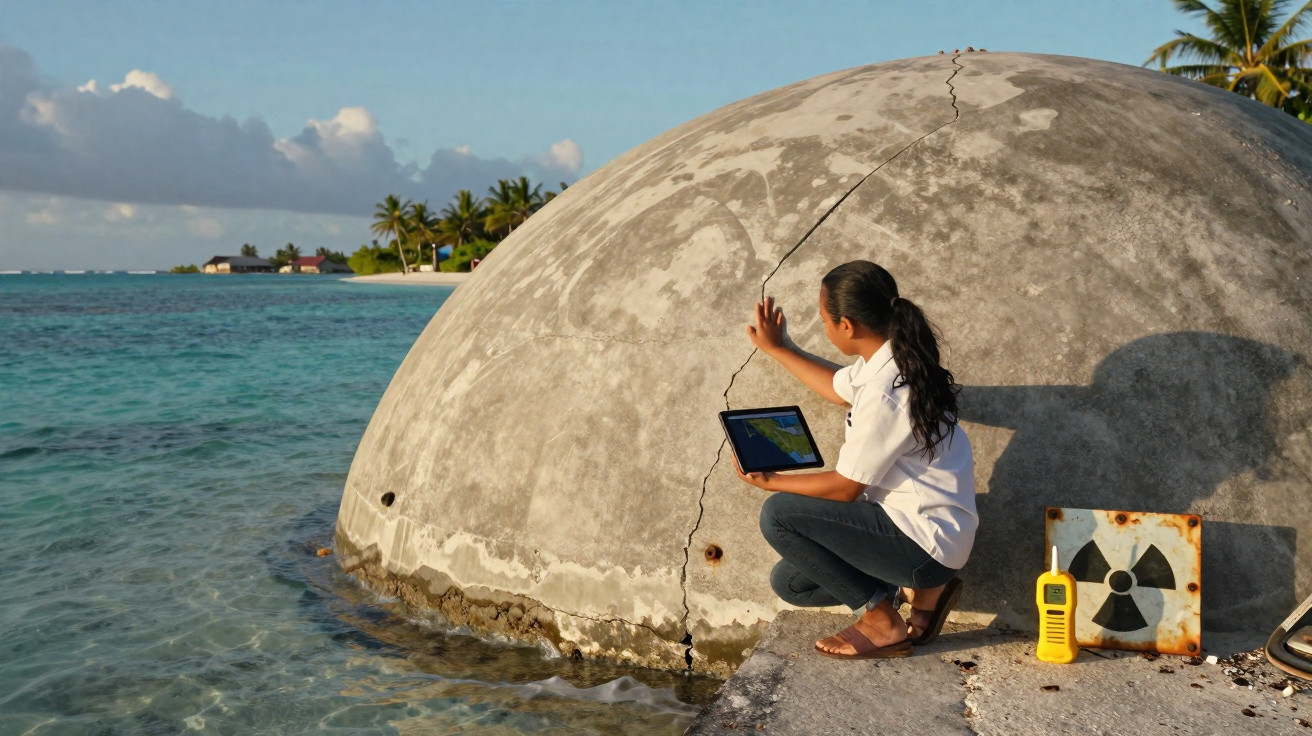 Mulher com tablet junto a estrutura redonda de betão rachada perto do mar, sinal de radiação ao lado, ilha ao fundo.