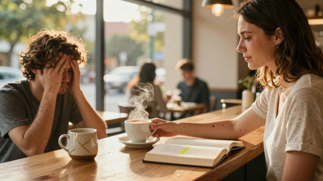 Mulher entrega café quente a homem preocupado sentado numa mesa com livro aberto num café.