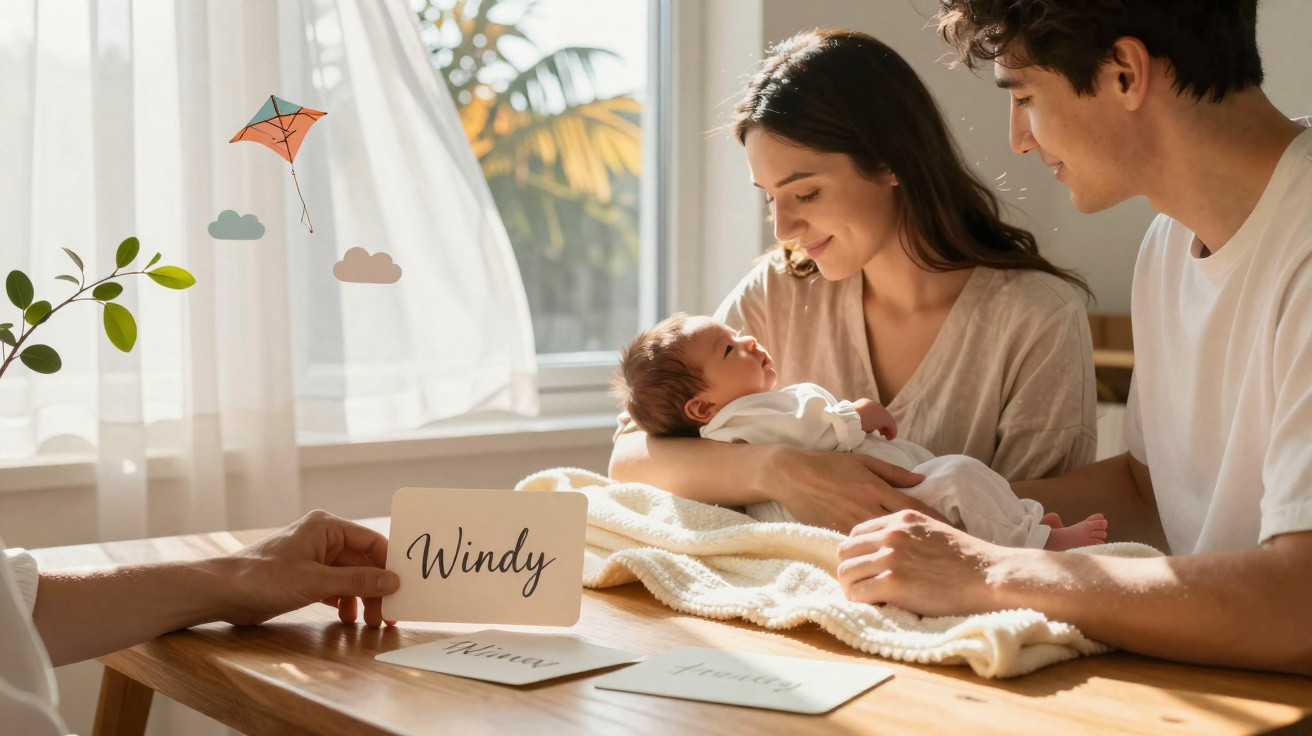 Bebé nos braços da mãe com pai ao lado numa mesa, pessoa a mostrar cartão com palavra "Windy".
