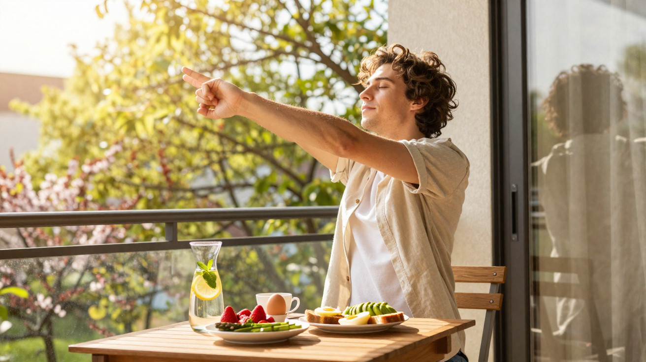 Homem a desfrutar do sol na varanda com pequeno-almoço saudável numa mesa de madeira.