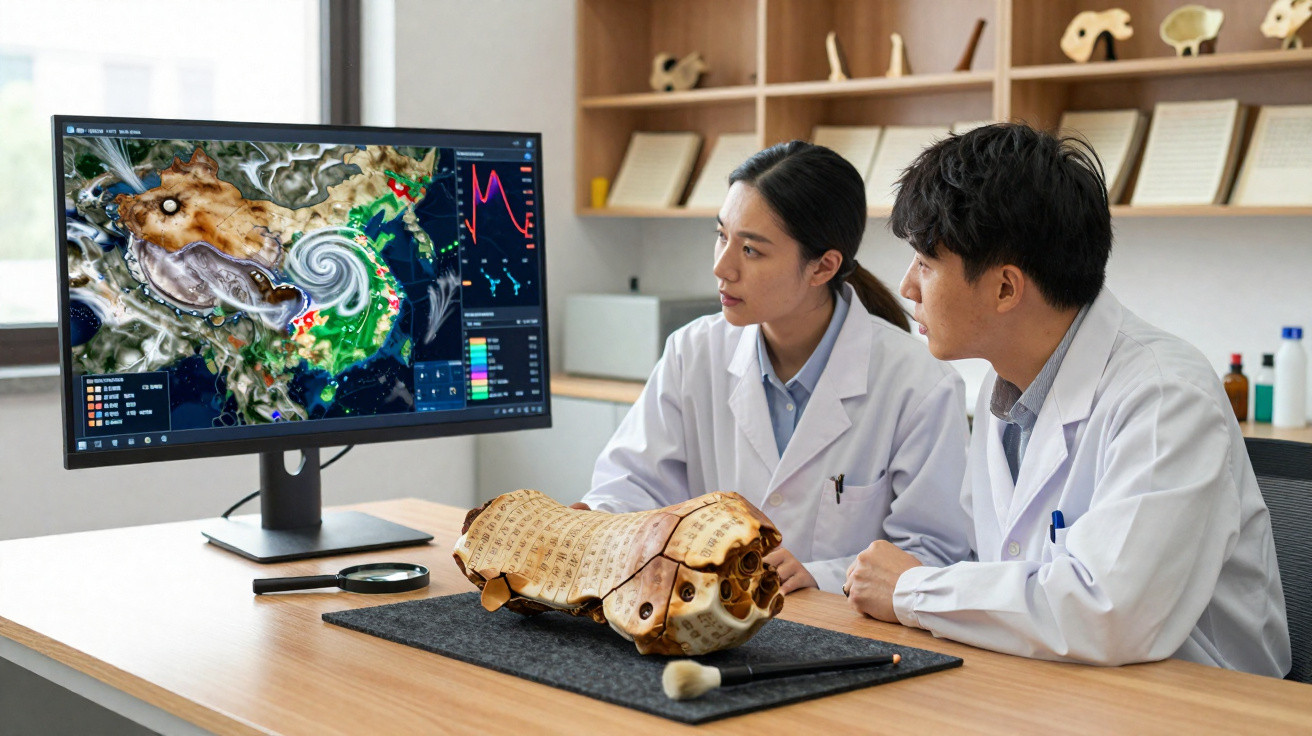 Dois cientistas em laboratório a analisar dados na tela de computador, com modelo anatómico na mesa.