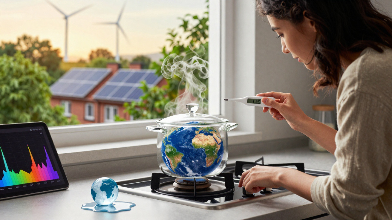 Mulher a medir temperatura de panela com Terra a ferver, painéis solares e turbinas eólicas ao fundo.