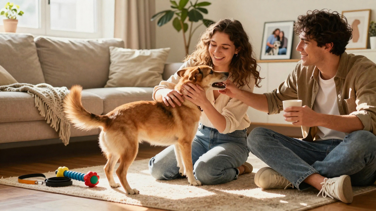 Casal jovem sentado no chão de uma sala a brincar e acariciar um cão em casa.