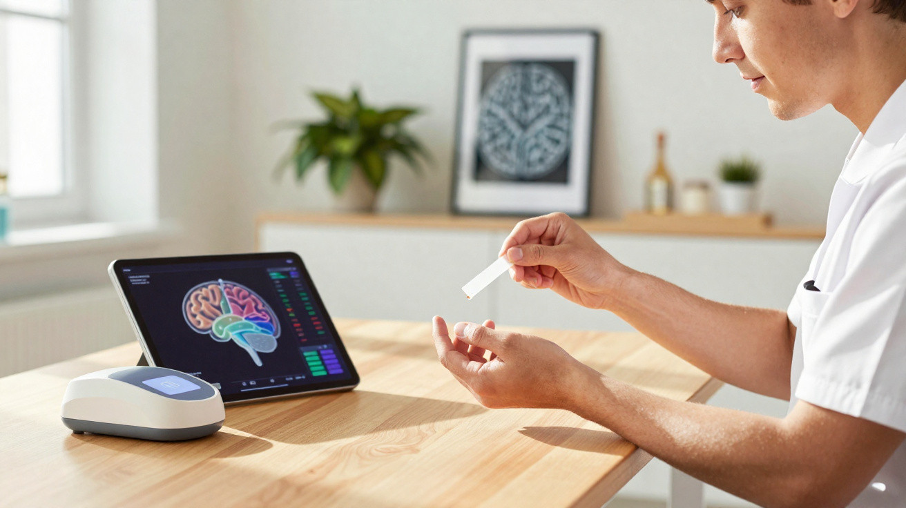 Profissional de saúde usa dispositivo para análise digitando amostra, com imagem de cérebro em tablet à frente.