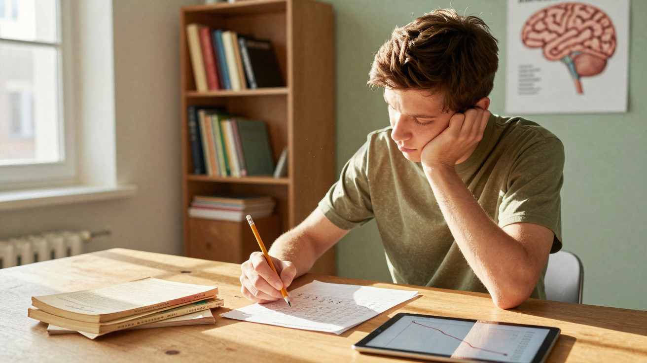 Jovem a estudar sozinho à mesa com livros, caderno e tablet numa sala iluminada pela janela.