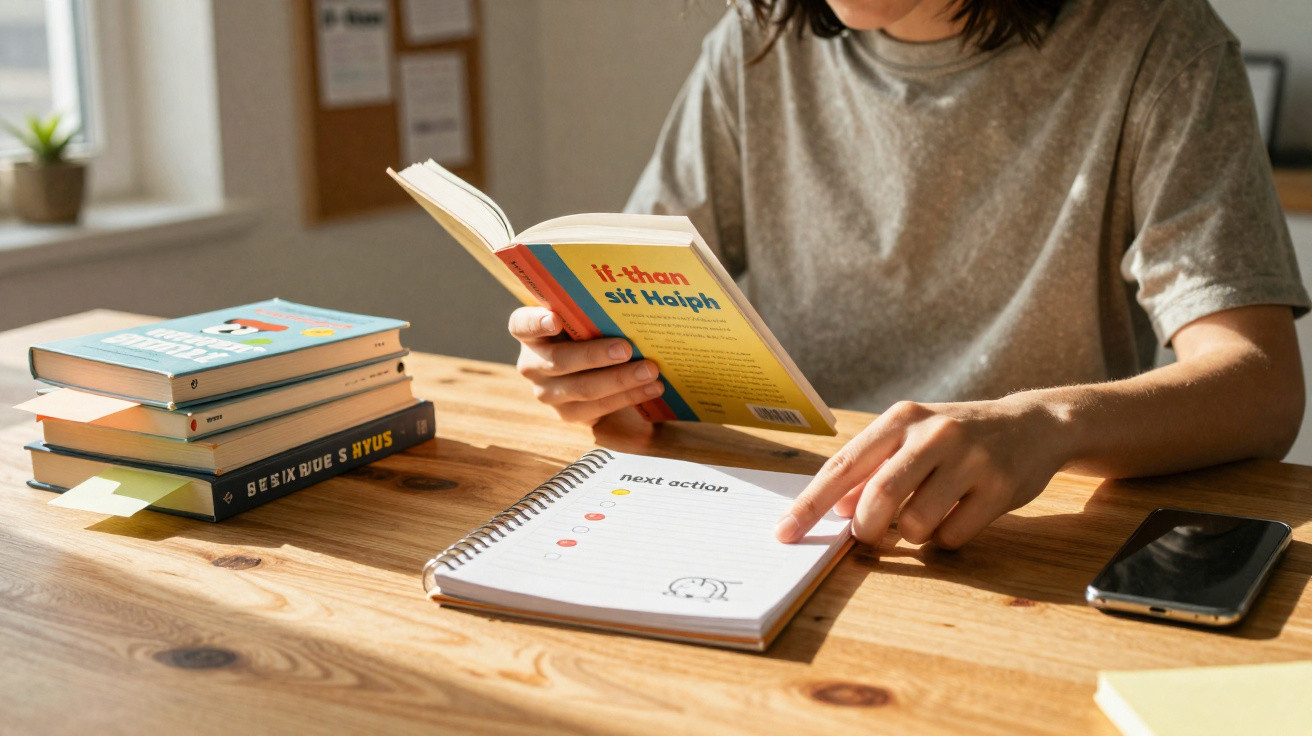 Pessoa a ler livro e a apontar para lista de tarefas numa mesa com vários livros e telemóvel.