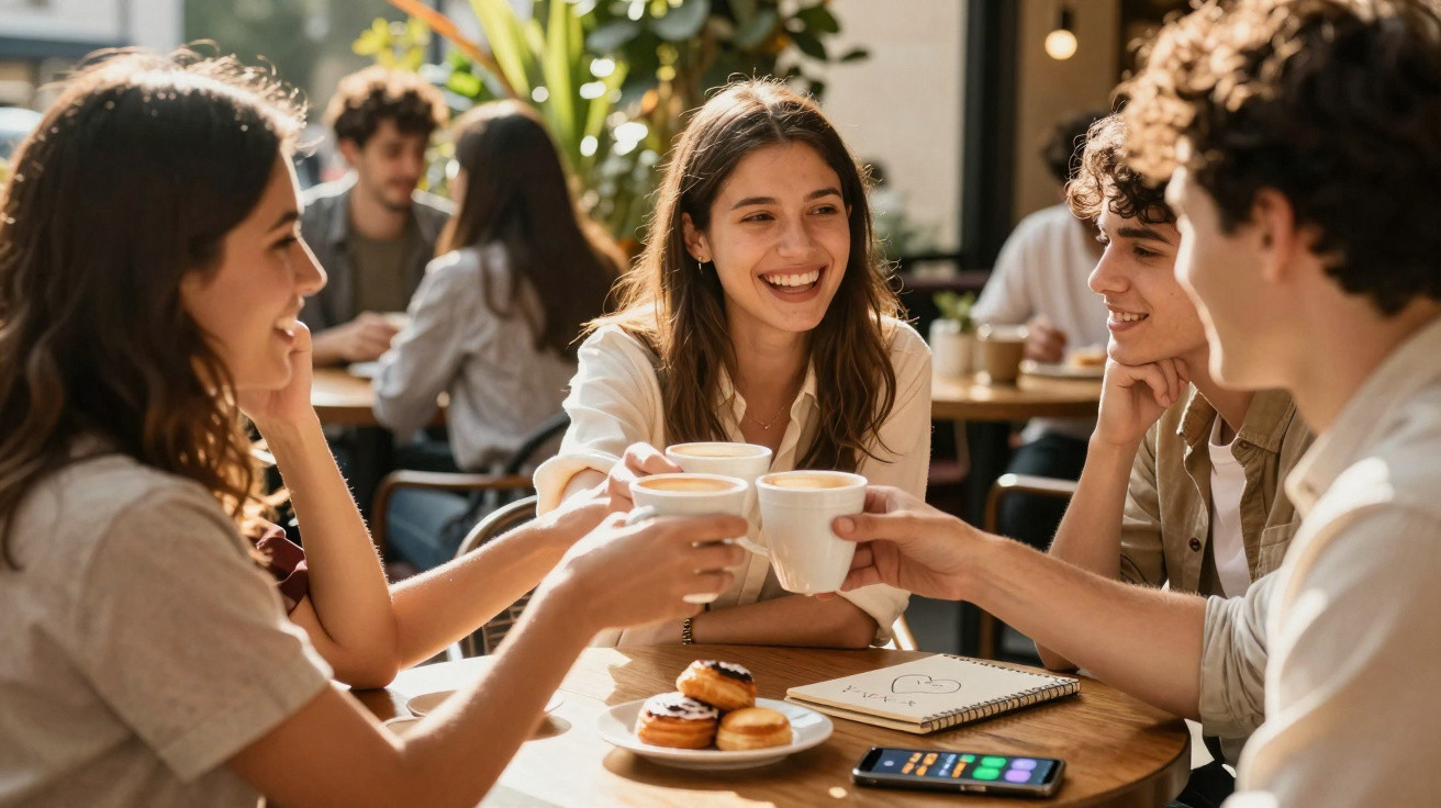 Grupo de amigos felizes a brindar com chá num café, com bolos e telemóvel na mesa.