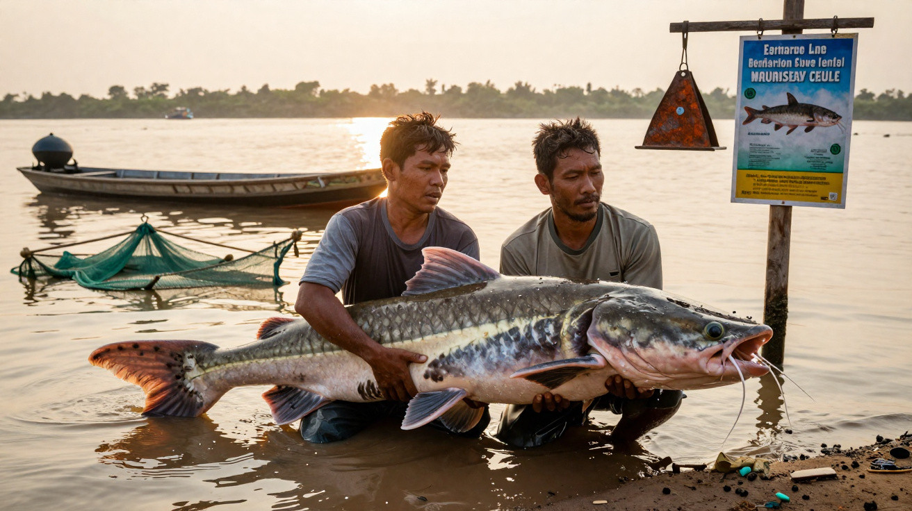 Dois pescadores seguram um peixe gigante na margem de um rio ao pôr do sol.