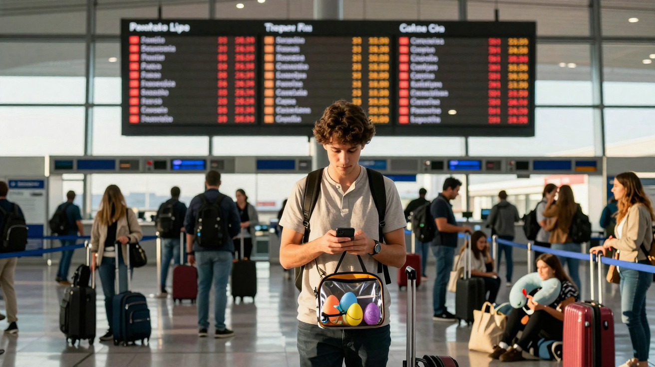 Jovem com mochila e mala num aeroporto, vê telemóvel com painel de voos ao fundo e várias pessoas em espera.