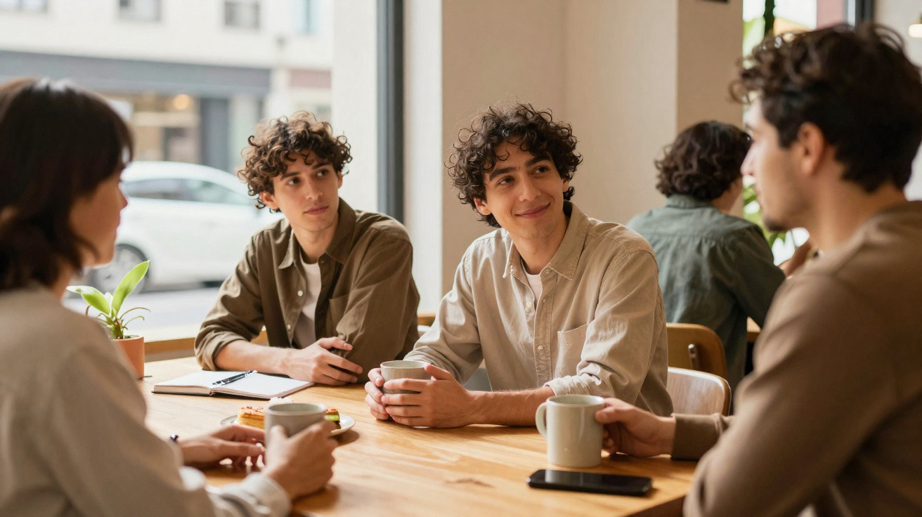 Quatro jovens sentados à mesa numa café, conversando e segurando canecas de bebida quente.