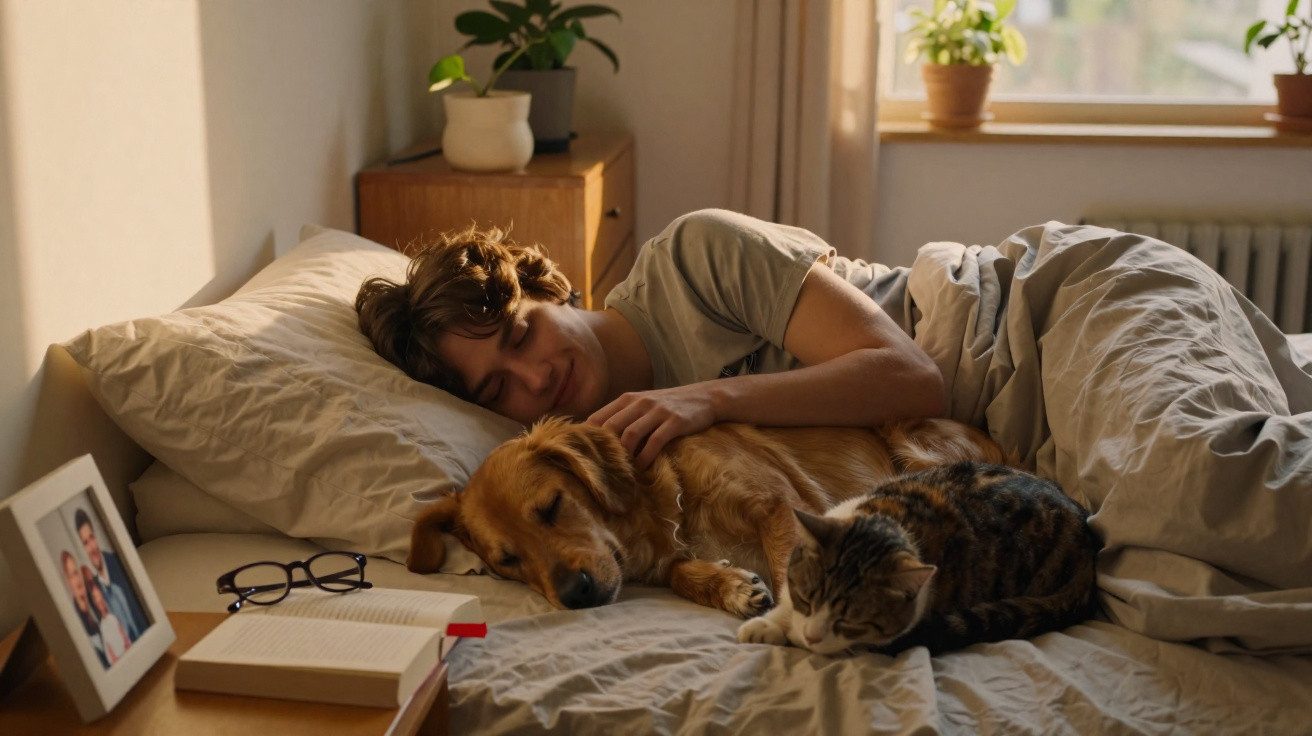 Pessoa a dormir na cama com um cão e um gato deitado ao seu lado, ambiente acolhedor e soalheiro.
