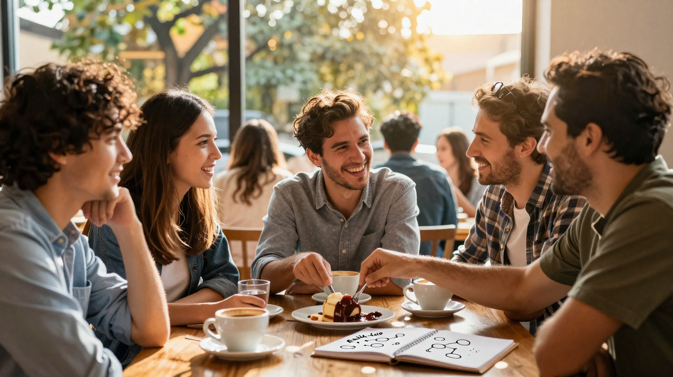 Grupo de jovens a conversar e tomar café enquanto trabalham em equipa numa mesa de café ao ar livre.