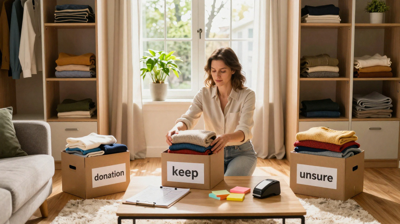 Mulher a organizar roupas em caixas etiquetadas com "donation", "keep" e "unsure" numa sala iluminada.