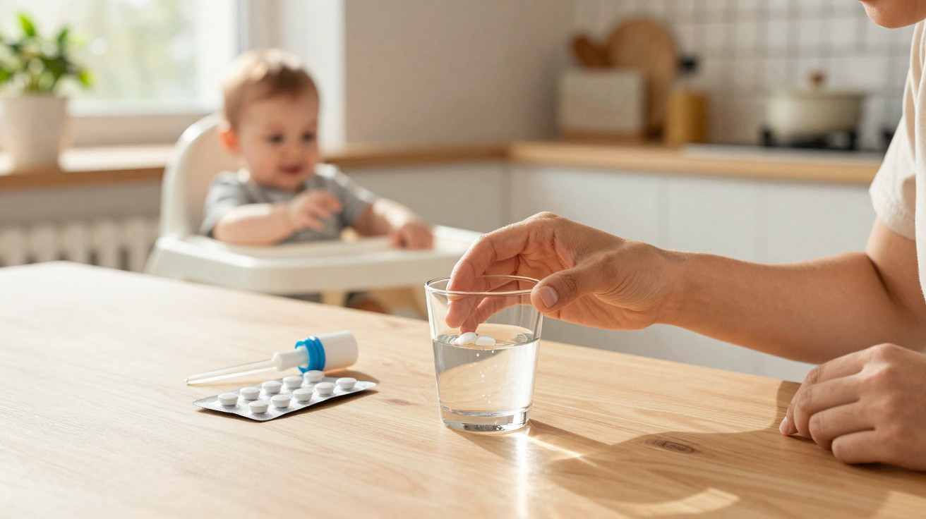 Pessoa a segurar comprimidos sobre um copo de água, com um bebé ao fundo numa cadeira alta na cozinha.