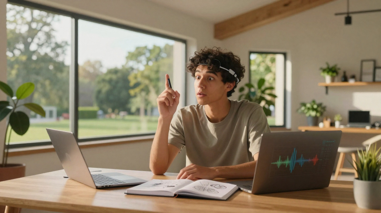Jovem a usar dispositivo de leitura cerebral, sentado à mesa com dois laptops e livro aberto numa sala iluminada.